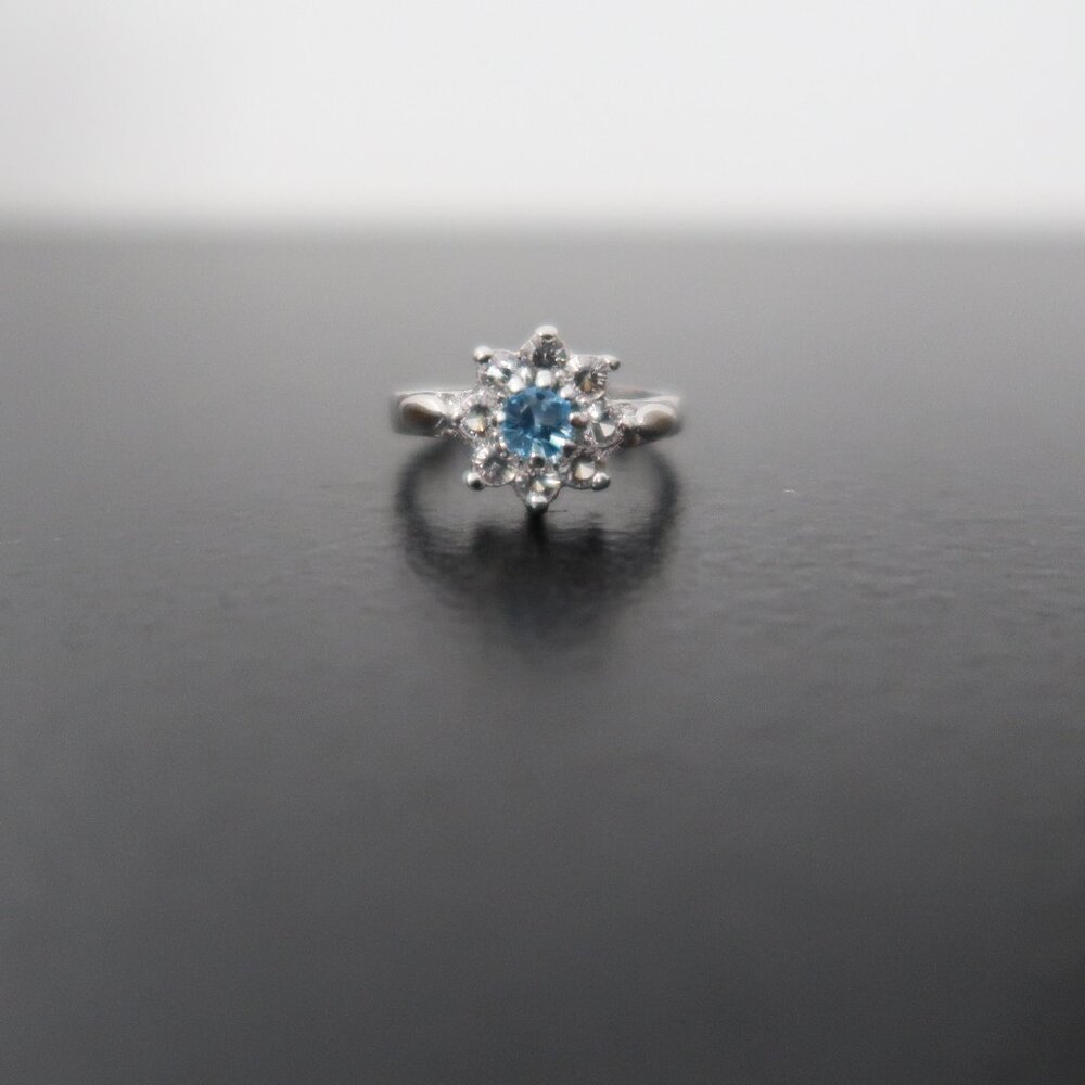 Silver Tone Wedding Ring Light Blue Center White Stones Small Size 5.75 Elegant